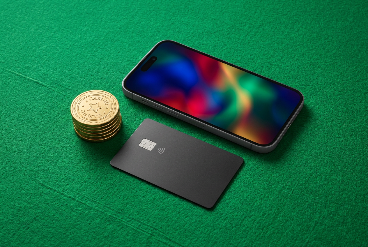 Stylizované rozhraní pro správu plateb v online kasinu s platební kartou a chytrým telefonem